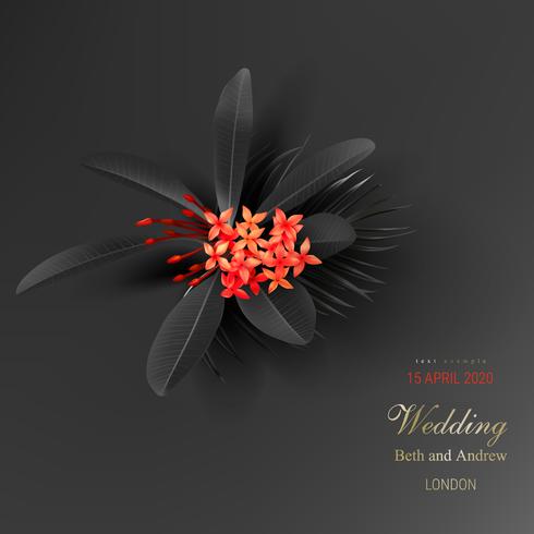 Tropical black leaves and exotic red flower vector