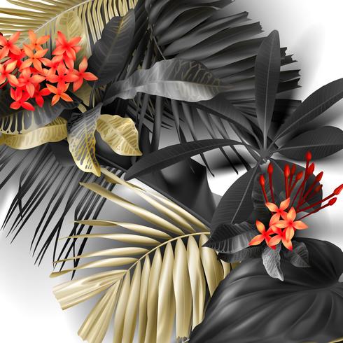 Tropical black and gold leaves on white background vector