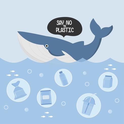 Stop ocean plastic pollution. Plastic garbage and whale in the ocean.  vector