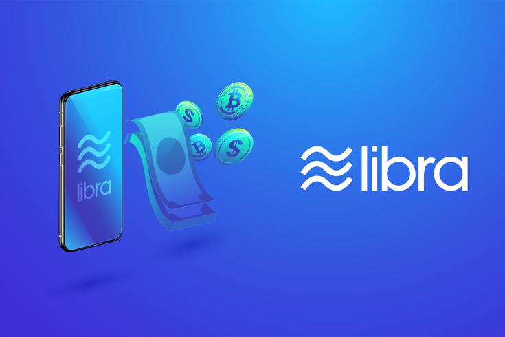 Isometric of libra digital currency, bitcoin and money with smartphone, Libra transactions and cryptocurrency technology concept. vector