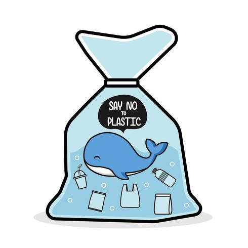 La ballena en una bolsa de plástico dice no al plástico. Concepto de problema de la contaminación. vector