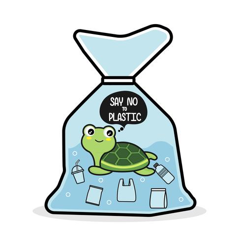 Tortuga en una bolsa de plástico dice no al plástico. Concepto de problema de la contaminación. vector