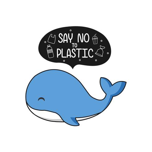 La ballena linda dice no al plástico, caricatura ecológica del concepto del cartel. vector