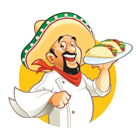 Chef Mexicano con plato de tacos. vector