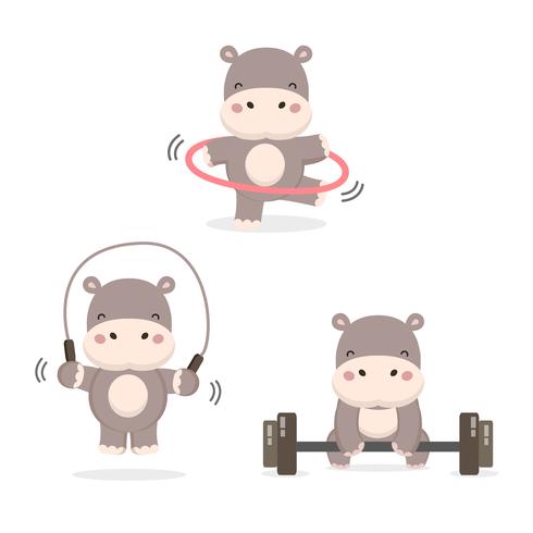 Funny Hippos doing exercise. vector