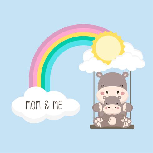 Hippo and baby swing on a rainbow. Mother's day card vector illustration. 