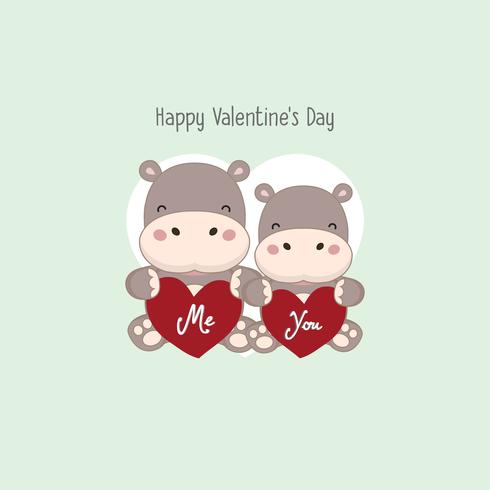 Tarjeta de felicitación de San Valentín feliz. Pareja hipopótamo espera rosa corazón. vector