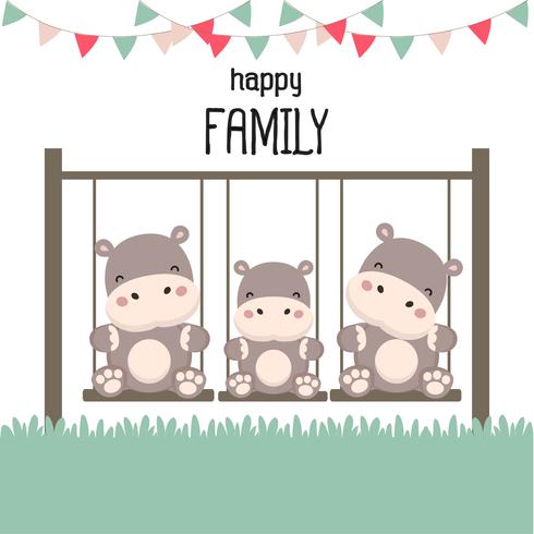 Happy family with Hippopotamus on swing. vector