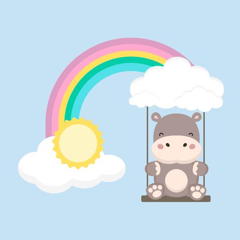 Cute Hippo swing on a rainbow. Fantasy colorful vector illustration. 