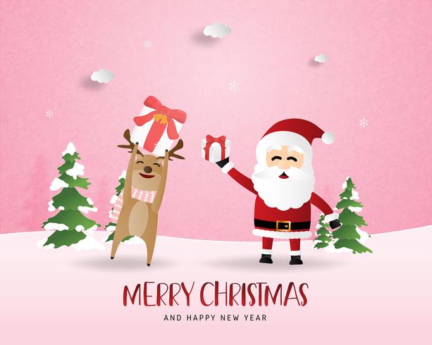 Merry Christmas and Happy new year greeting card in paper cut style. Vector illustration Christmas celebration background with Happy reindeer and Santa. Banner, flyer, poster, wallpaper, template.