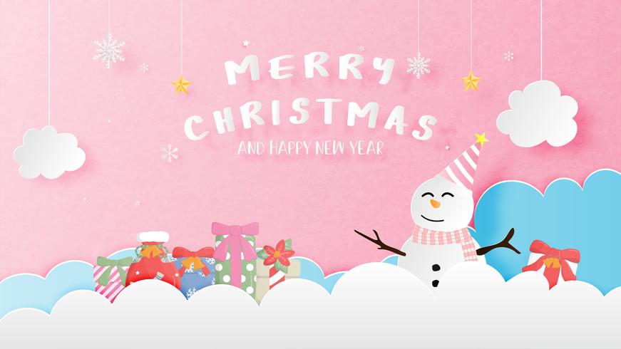 Merry Christmas and Happy new year greeting card in paper cut style. Vector illustration Christmas celebration background with Happy snowman and gift box. Banner, flyer, poster, wallpaper, template.