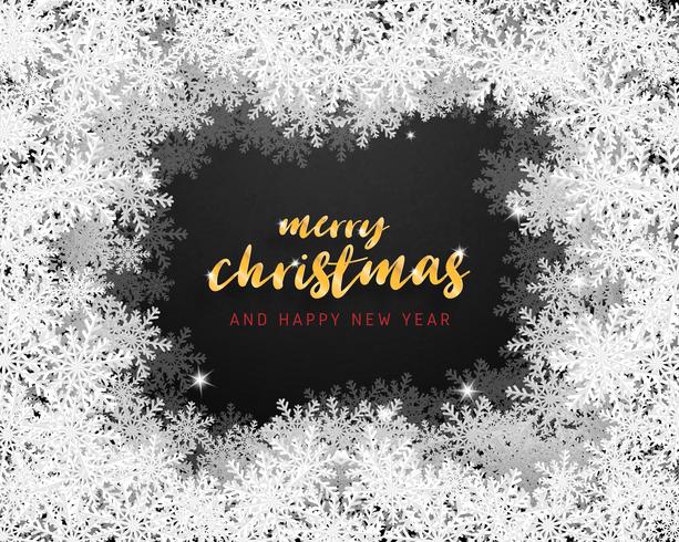 Merry Christmas and Happy new year greeting card in paper cut style background. Vector illustration Christmas celebration snowflakes on black background banner, flyer, poster, frame, template.