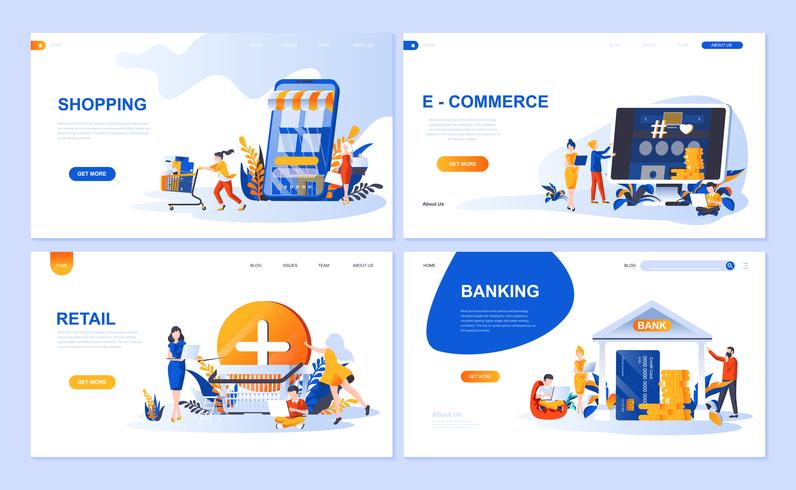 Set of landing page template for Online Shopping, E-commerce, Retail, Internet Banking. Modern vector illustration flat concepts decorated people character for website and mobile website development.