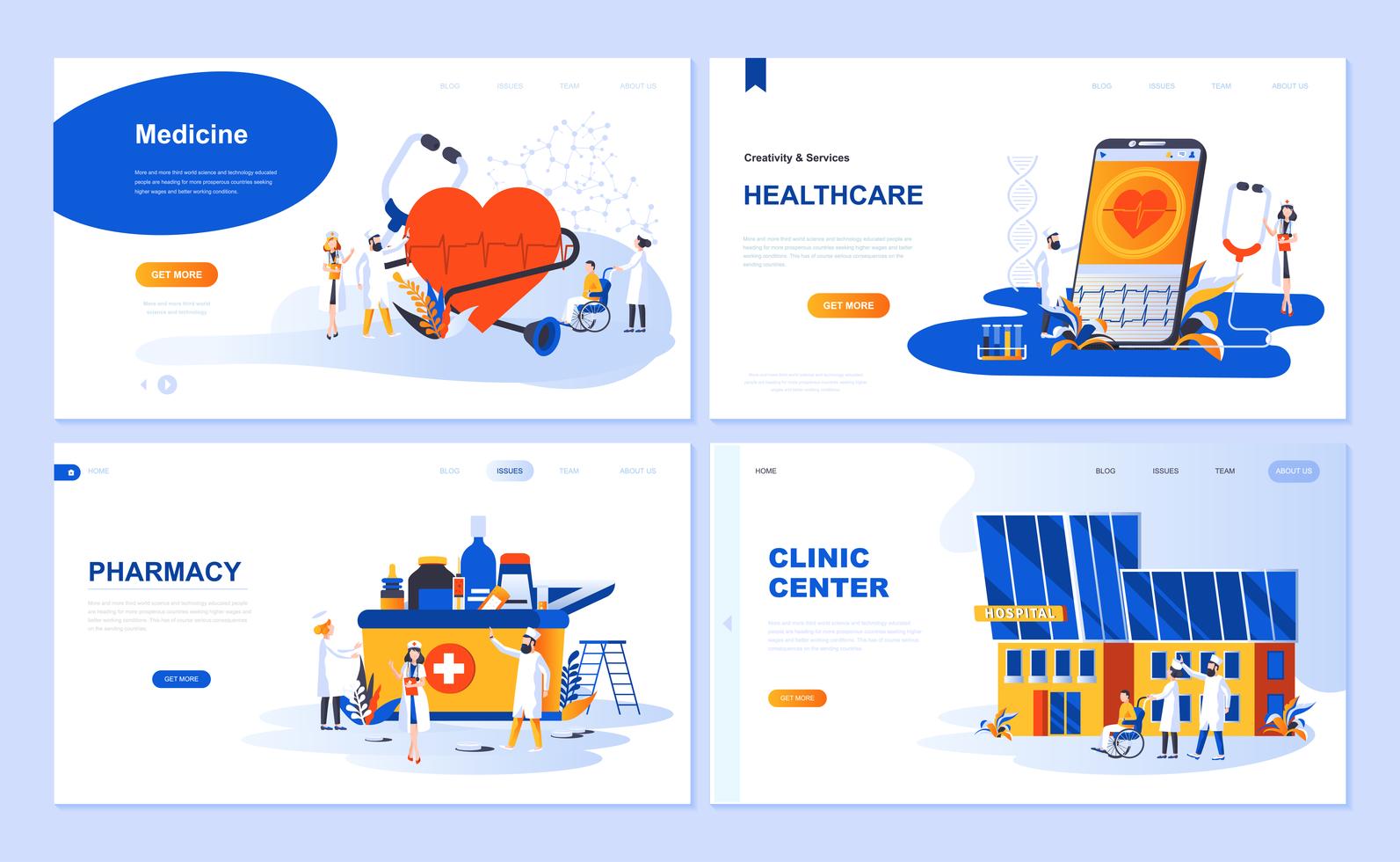 Set of landing page template for Medicine, Healthcare, Pharmacy, Clinic Center. Modern vector illustration flat concepts decorated people character for website and mobile website development.