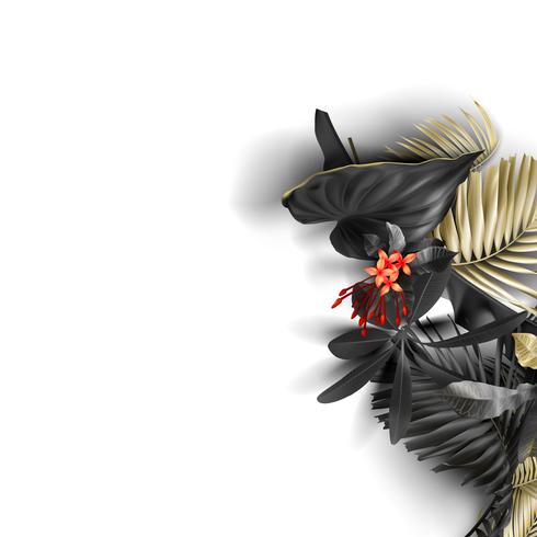 Tropical black and gold leaves on white background vector