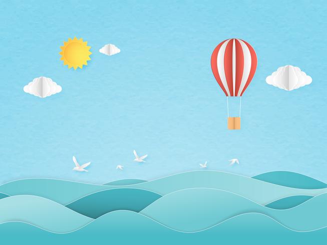 Illustration of travel in a vacation time. Origami made red and white hot air balloon flying over seascape with sun and cloud, seagull on blue sky. Paper art paper cut style. vector