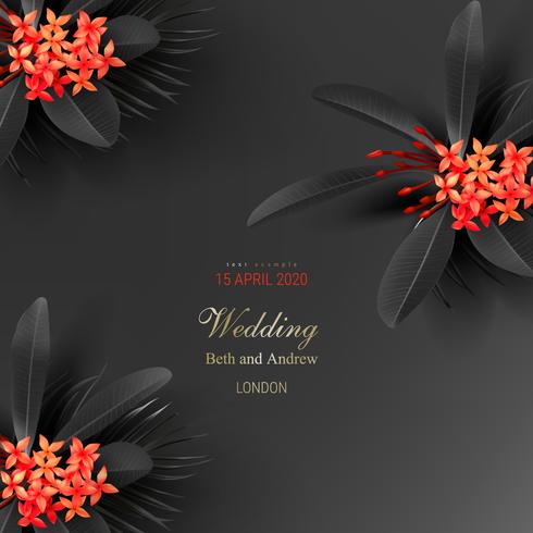 Tropical black leaves and exotic red flower vector