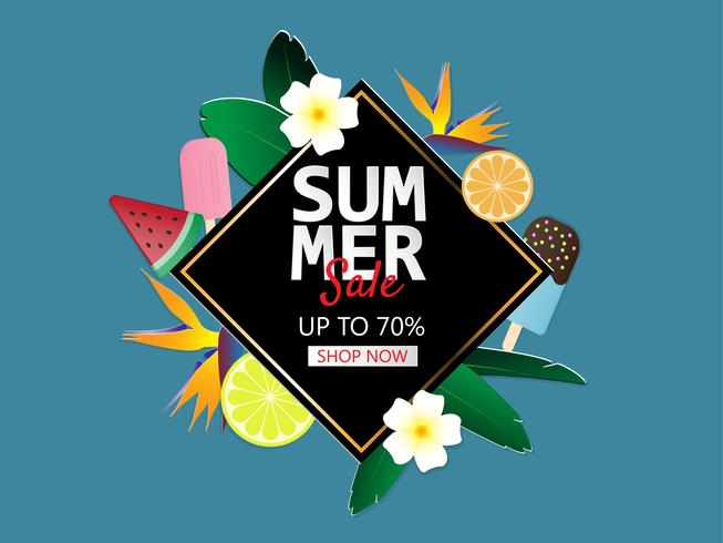 Summer sale banner background in paper cut style. Vector illustration for brochure, flyer, advertising, banner template.