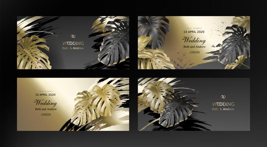 Tropical black and gold leaves on dark background vector