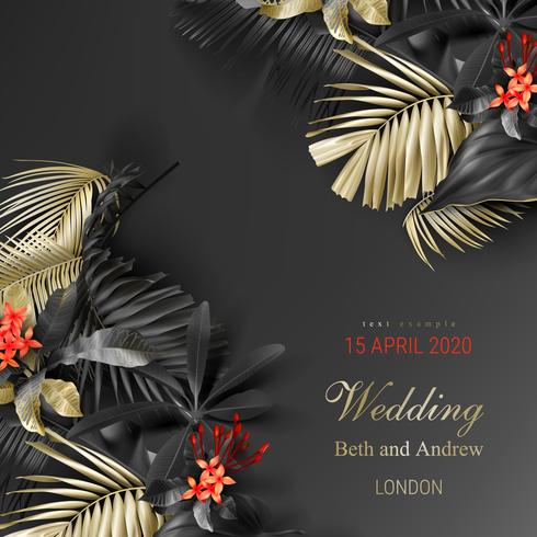 Tropical black and gold leaves on dark background vector