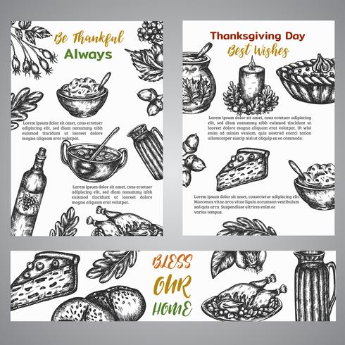 Thanksgiving day broshure collection of hand drawn illustration with autumn elements, food Vintage retro style vector