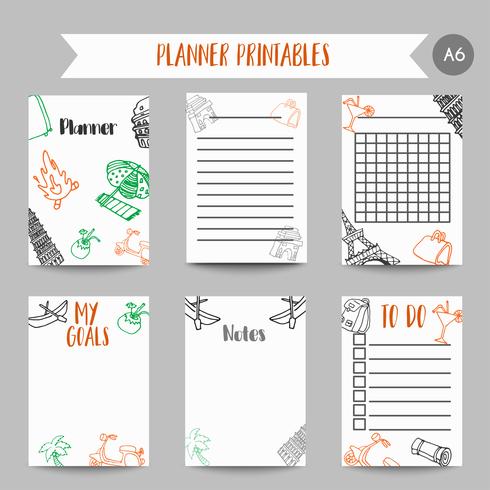 Tarjetas y símbolos para tu planificador organizado. Imprimibles con elementos tarvel. Diseño de la torre eiffel Plantilla de vector para cuadernos