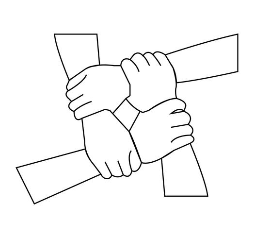 Teamwork hands holding line art vector