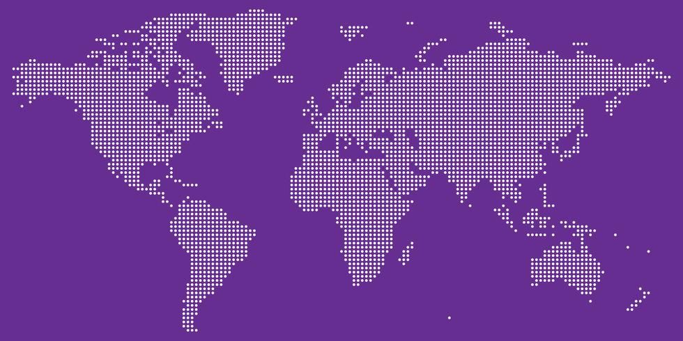 Blanco sobre vector de mapa de mundo punteado púrpura
