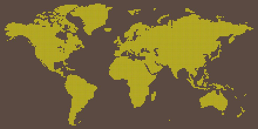 World map vector with yellow on light brown colored round dotted