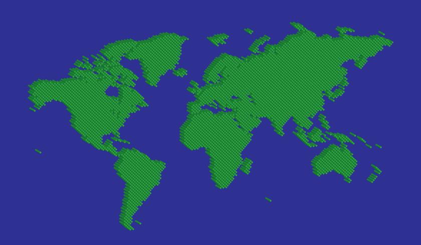 Mapa de mundo de tetragon isométrico verde vector en azul