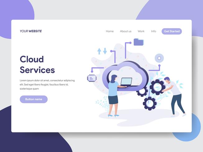 Plantilla de la página de destino del concepto de ilustración de servicios en la nube. Concepto de diseño plano moderno de diseño de página web para sitio web y sitio web móvil. Ilustración de vector