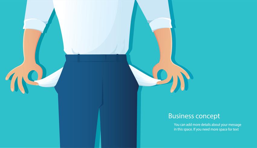 poor man showing his empty pockets on blue background vector illustration 