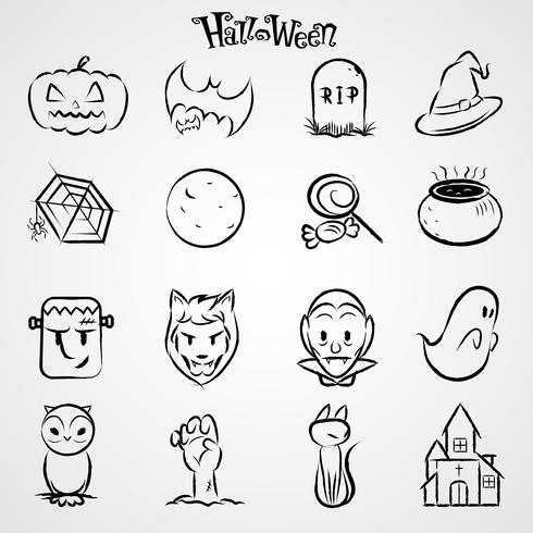 halloween black icons set vector