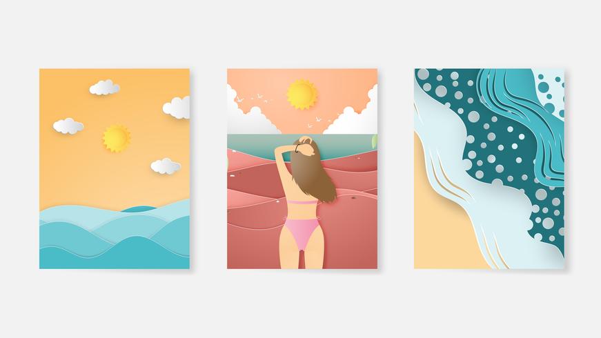 Set of Summer sale banner background in paper cut style. Vector illustration for brochure, flyer, advertising, banner template.