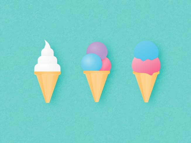 Set of three ice cream cone on green background. Vector illustration.