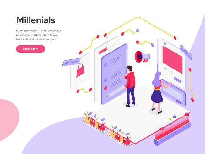 Landing page template of Millennials and Social Media Isometric Illustration Concept. Isometric flat design concept of web page design for website and mobile website.Vector illustration vector