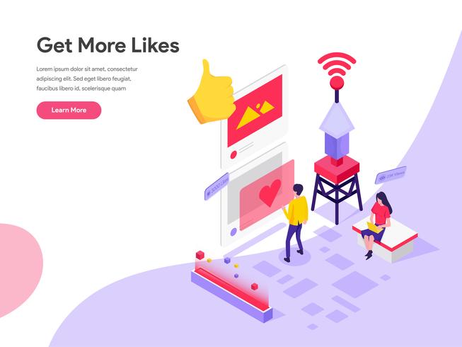 Landing page template of Get More Likes Isometric Illustration Concept. Isometric flat design concept of web page design for website and mobile website.Vector illustration vector