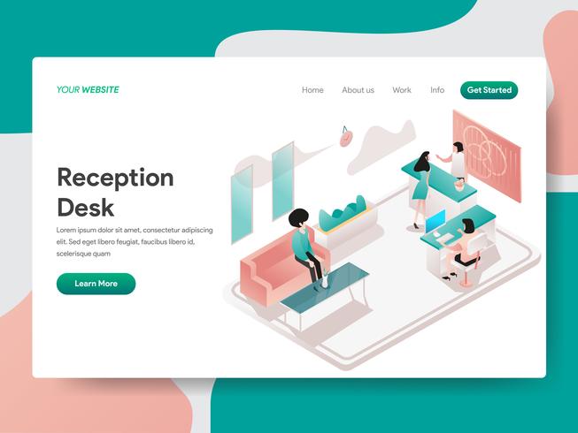 Landing page template of Reception Desk Illustration Concept. Isometric design concept of web page design for website and mobile website.Vector illustration vector