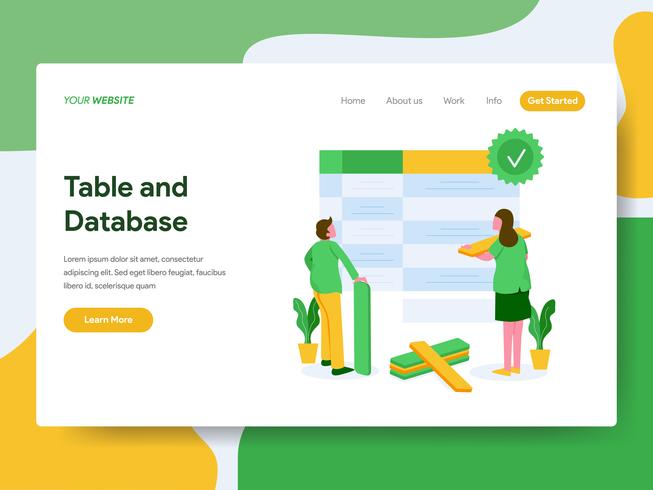 Plantilla de página de aterrizaje de tabla y concepto de ilustración de base de datos. Concepto de diseño plano moderno de diseño de página web para sitio web y sitio web móvil. Ilustración de vector