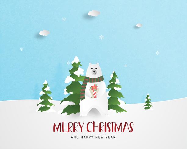 Merry Christmas and Happy new year greeting card in paper cut style. Vector illustration Christmas celebration background. Banner, flyer, poster, wallpaper, template.