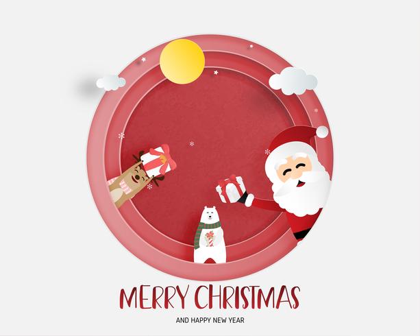 Merry Christmas and Happy new year greeting card in paper cut style. Vector illustration Christmas celebration background. Banner, flyer, poster, wallpaper, template.