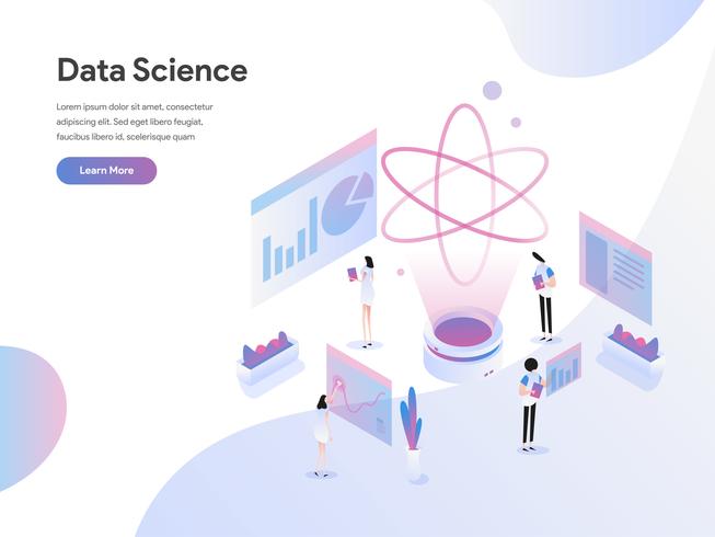 Plantilla de la página de destino del concepto de ilustración isométrica de la ciencia de datos. Concepto de diseño plano de diseño de página web para sitio web y sitio web móvil. Ilustración de vector