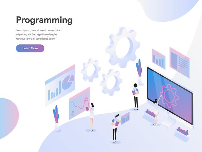 Plantilla de la página de aterrizaje del concepto isométrico del ejemplo de la programación informática. Concepto de diseño plano moderno de diseño de página web para sitio web y sitio web móvil. Ilustración de vector