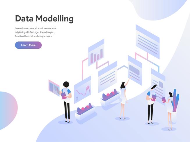 Plantilla de la página de destino del concepto de ilustración isométrica de modelado de datos. Concepto de diseño plano isométrico de diseño de página web para sitio web y sitio web móvil. Ilustración de vector