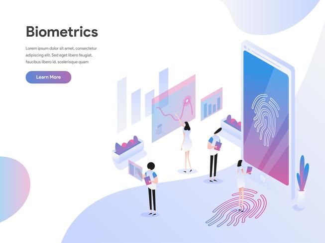 Plantilla de página de destino del concepto de ilustración isométrica de tecnología biométrica. Concepto de diseño plano isométrico de diseño de página web para sitio web y sitio web móvil. Ilustración de vector