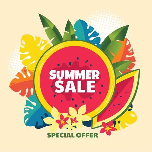 Abstract Summer Sale Background with Watermelon and Tropical Leaf vector