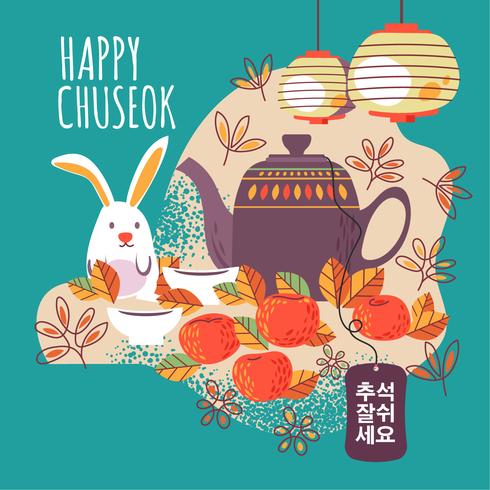 Festival de mediados de otoño con una linda tetera, linterna, conejo, Cherry Bloom. Feliz Chuseok. Palabras en coreano que significan buen momento para Chuseok vector