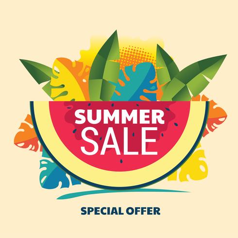 Abstract Summer Sale Background with Watermelon and Tropical Leaf vector