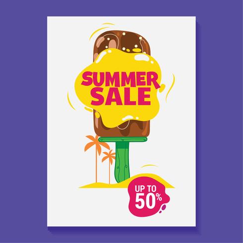 Ilustración de venta de verano con paleta, playa y fondo de hojas tropicales vector