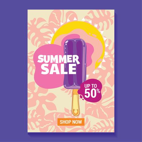 Ilustración de venta de verano con paleta, playa y fondo de hojas tropicales vector